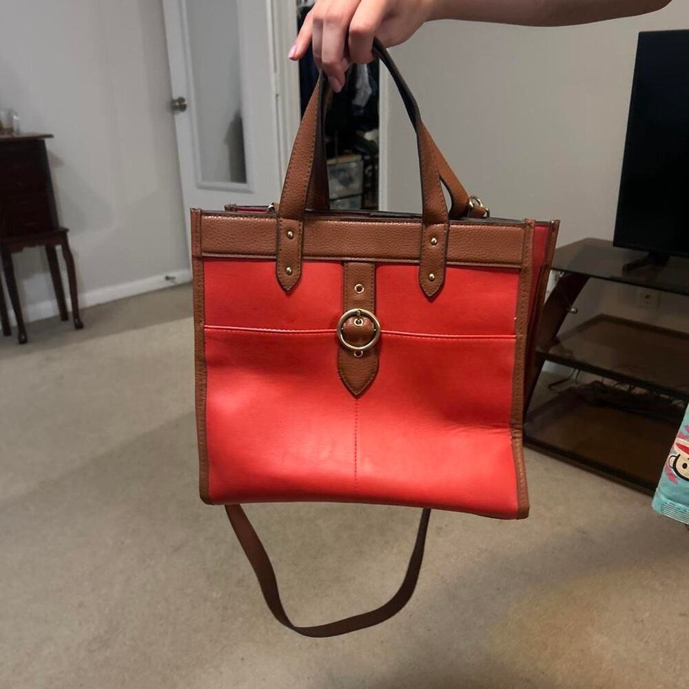 Red and brown leather tote